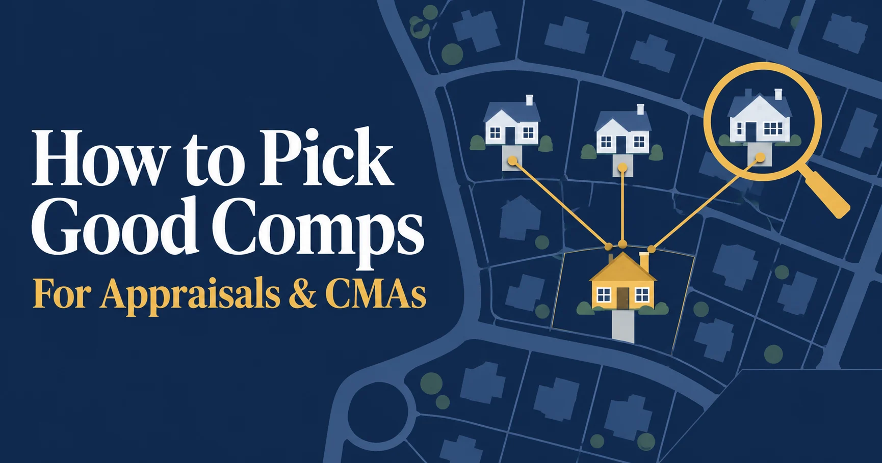 Graphic reading "How to Pick Good Comps for Appraisals & CMAs," with a neighborhood map showing three comparable homes connected by gold lines to a highlighted gold subject house, and a magnifying glass over one comparable.