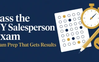 Navy and gold graphic reading "Pass the NY Salesperson Exam: Exam Prep That Gets Results," with an illustration of a bubble answer sheet, a gold pencil, a gold stopwatch and a gold checkmark badge
