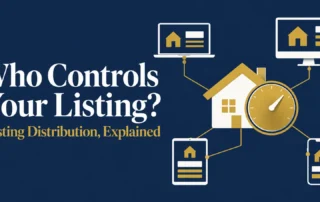 Navy and gold graphic reading "Who Controls Your Listing? Listing Distribution, Explained," with an illustration of a house and a gold dial connected by gold lines to a laptop, a desktop monitor, a tablet and a smartphone