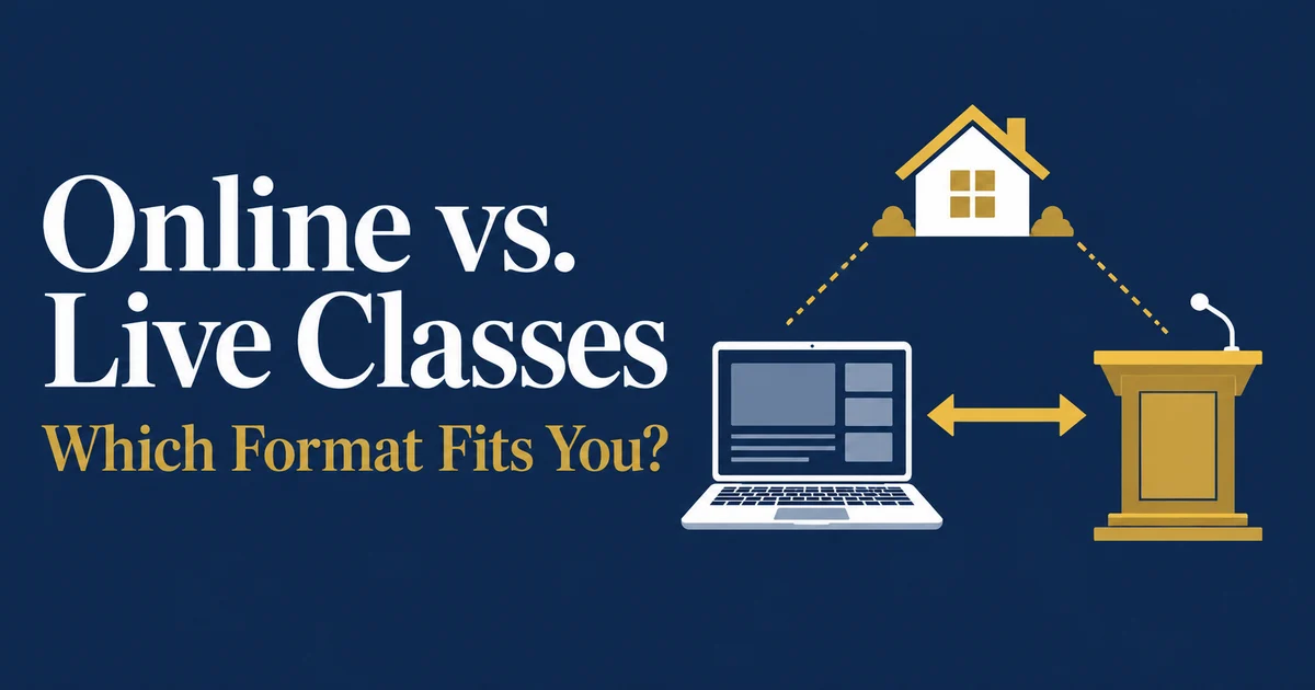 Navy and gold graphic reading "Online vs. Live Classes: Which Format Fits You?" with an illustration of a laptop and a podium connected by a gold arrow, beneath a small house